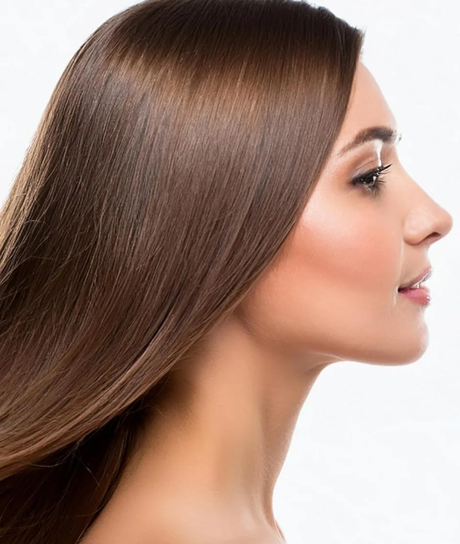 A woman in profile with long straight brown hair