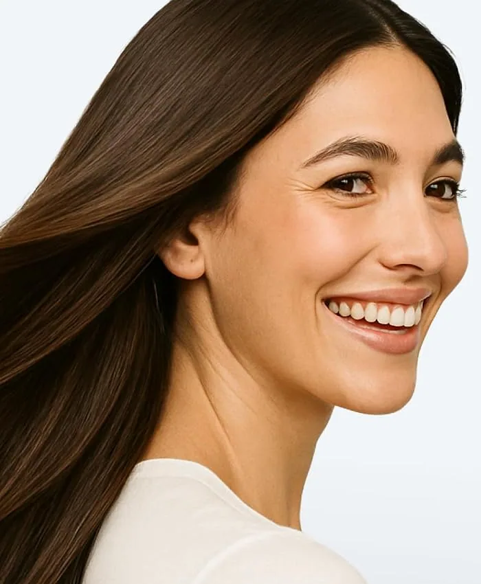 A smiling woman with long flowing brown hair