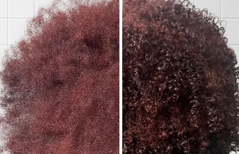 Red-brown afro curls before and after Capulana, seen from behind