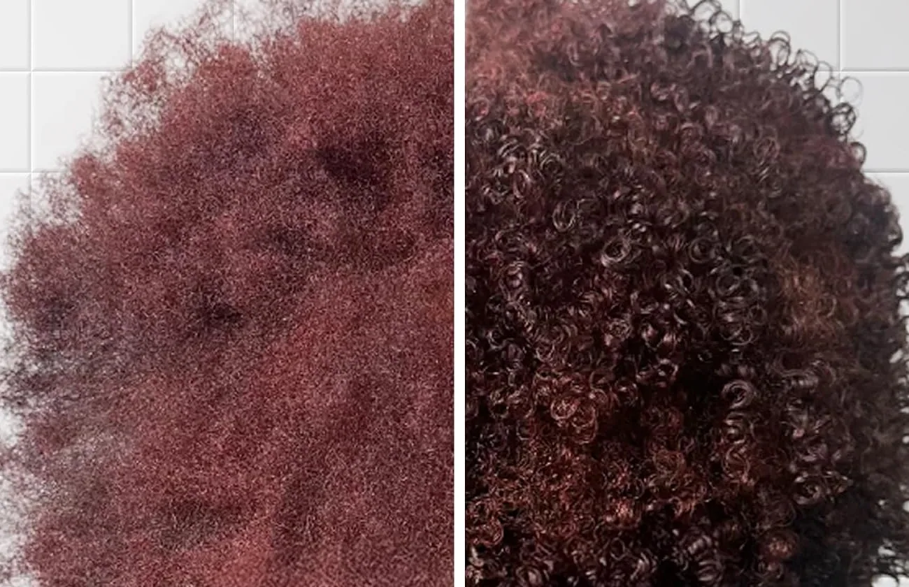 Red-brown afro curls before and after Capulana, seen from behind