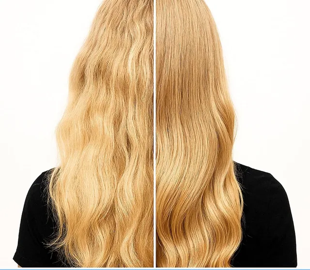 Long wavy blonde hair before and after a Cronograma mask, seen from behind