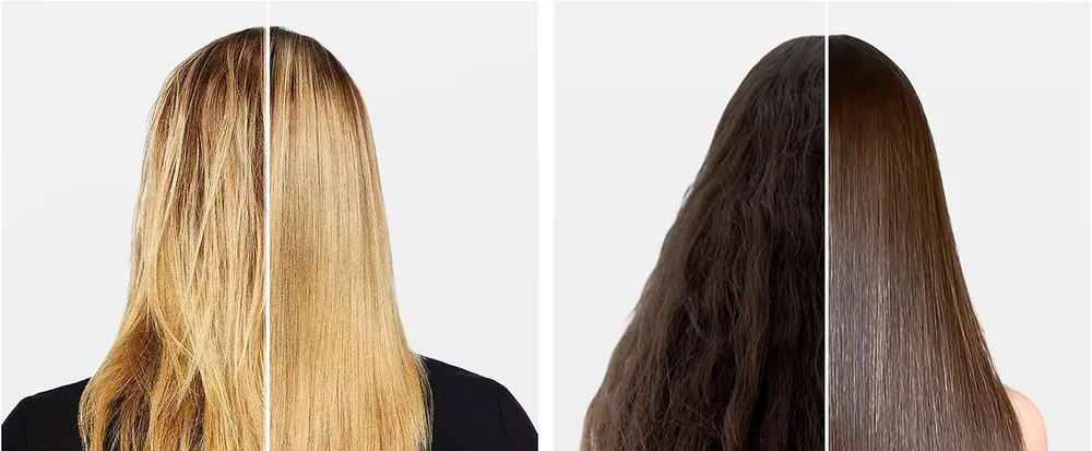 Blonde and dark wavy hair before and after a Progressiva treatment, seen from behind