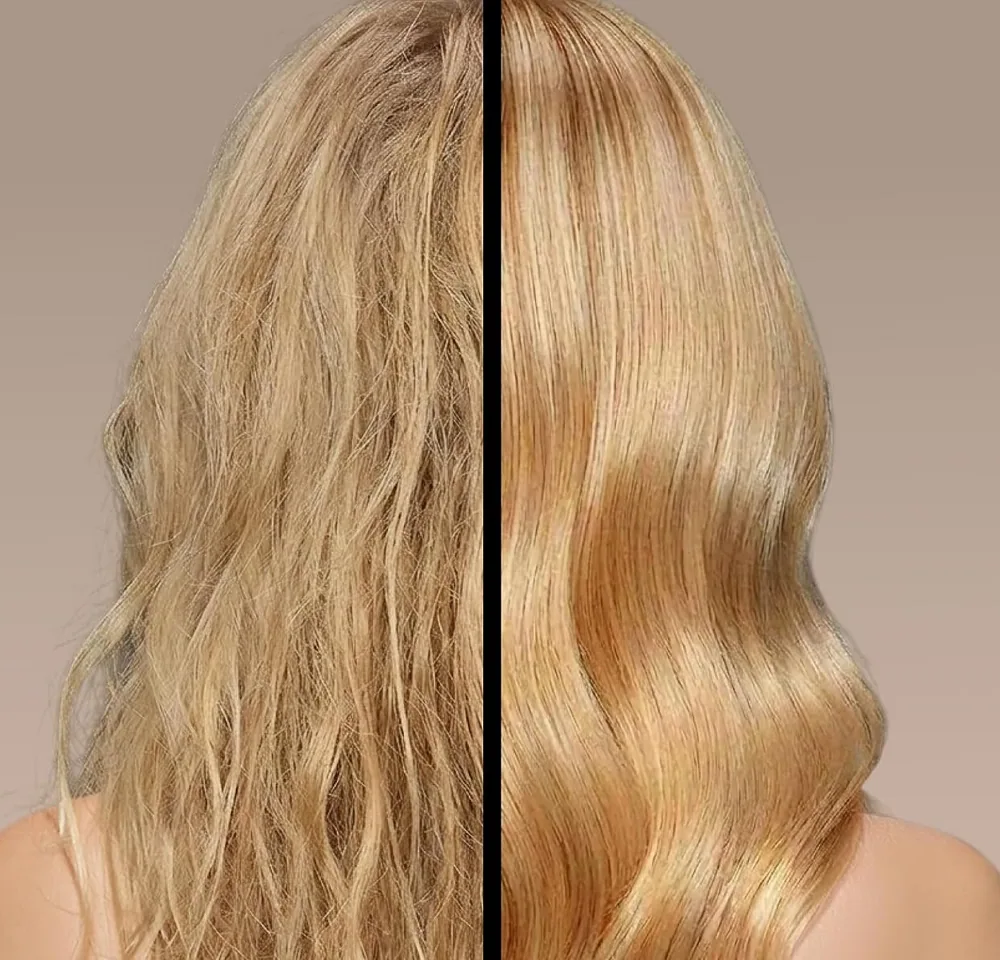 Long wavy blonde hair before and after a Perfect Blonde mask, seen from behind