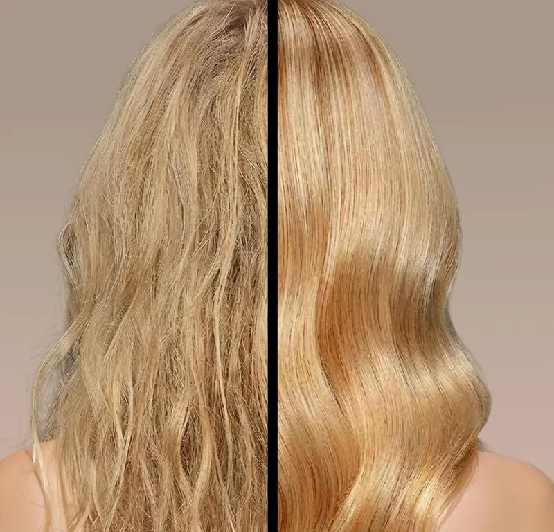 Long wavy blonde hair before and after a Perfect Blonde mask, seen from behind