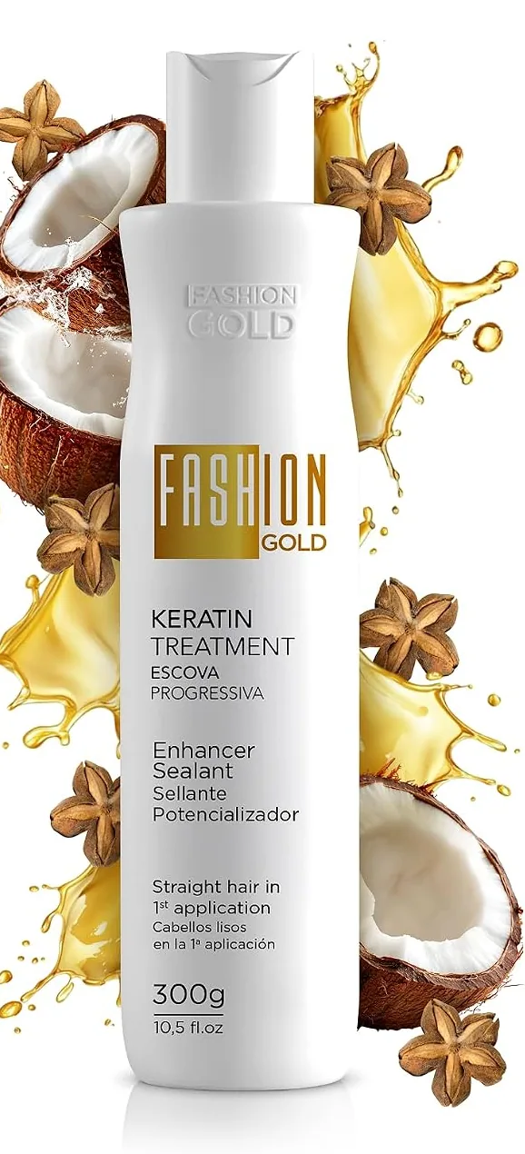 The white 300 g Fashion Gold Progressiva bottle among coconut halves and sacha inchi seeds