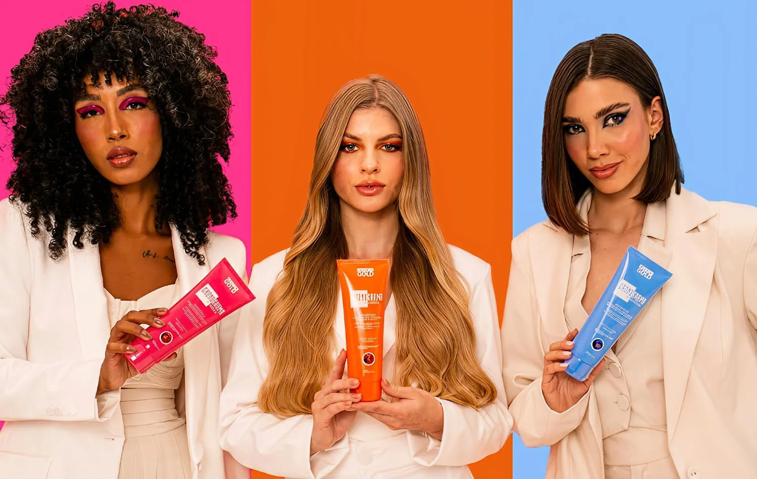 Three models in white, each holding one Fashion Gold Cronograma mask tube