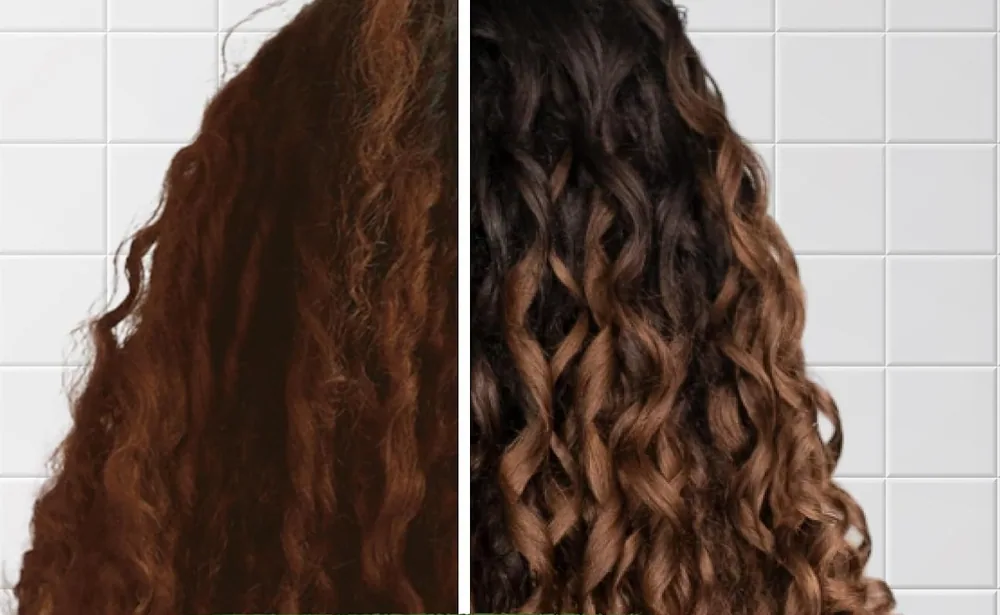 Long auburn curls before and after Capulana, seen from behind