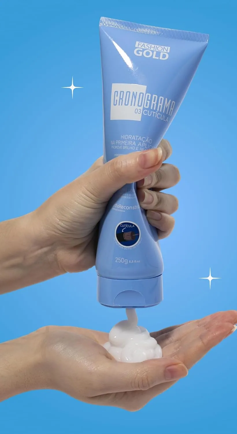 A hand squeezing the blue Cronograma Cuticula tube into an open palm