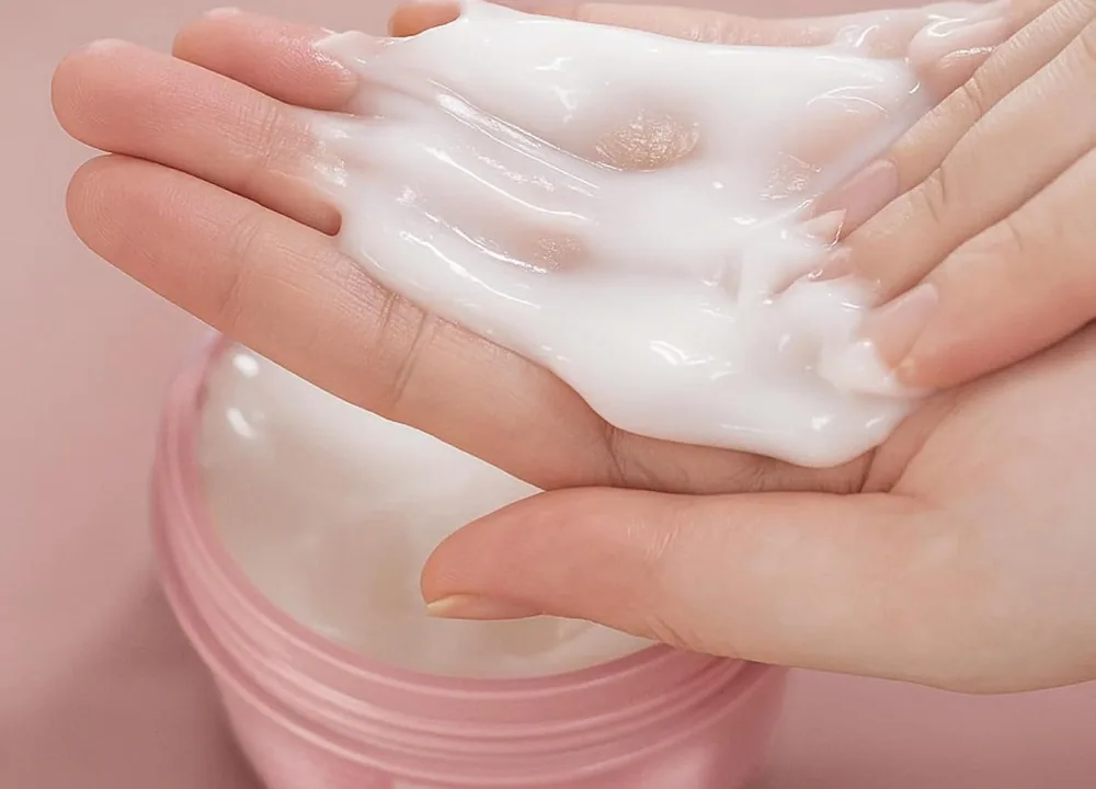 A hand holding a scoop of white Protect & Control mask over the open pink jar