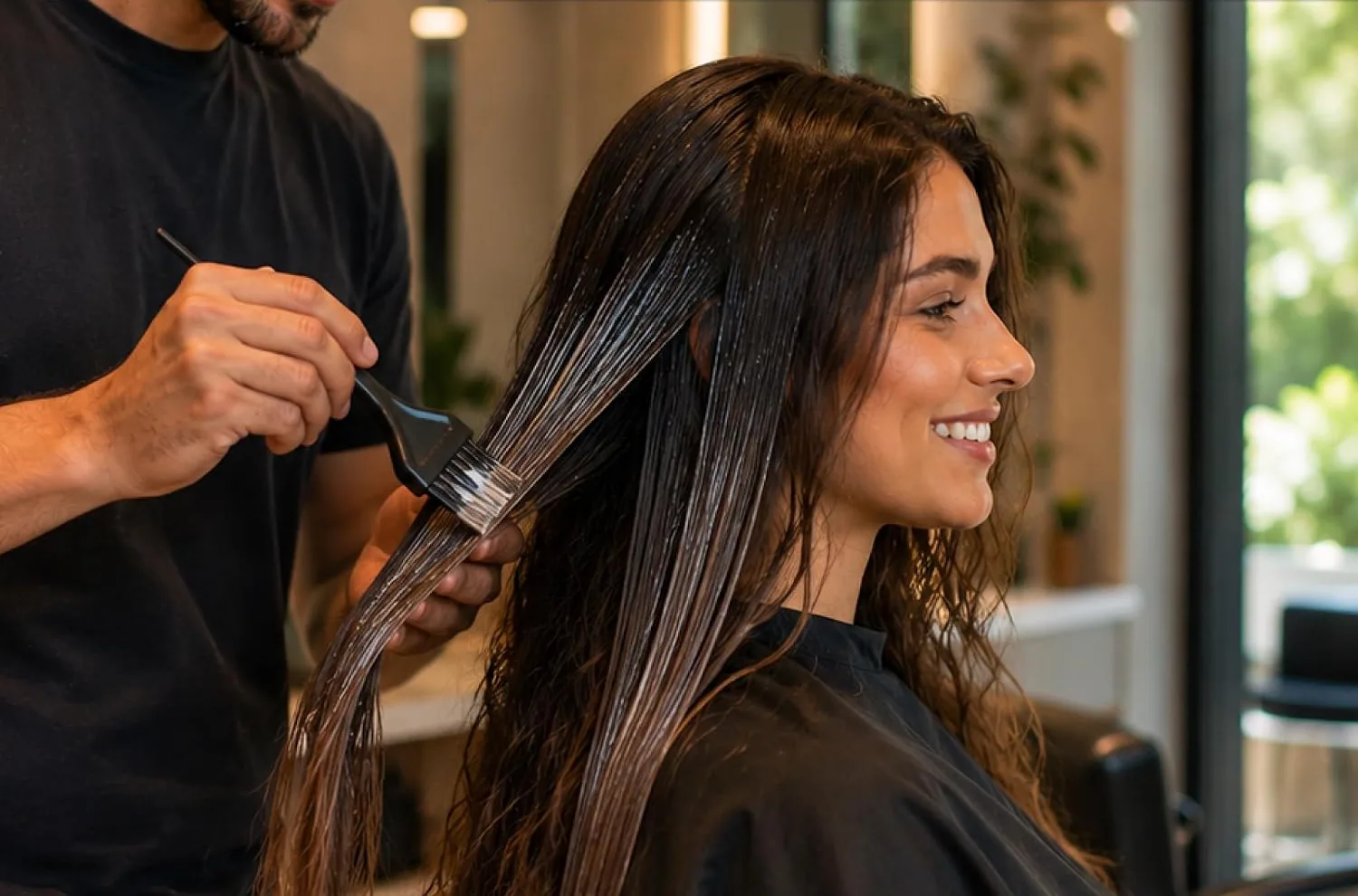 A stylist brushing Fashion Gold Progressiva through long brown hair