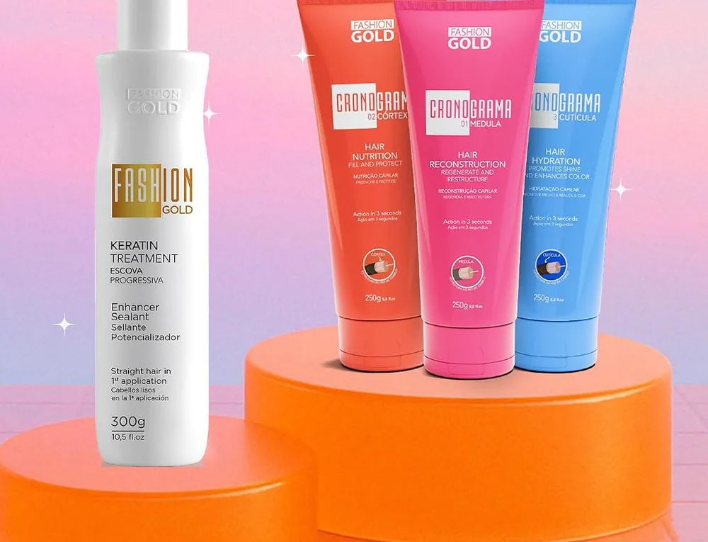 The white 300 g Progressiva bottle and three Cronograma mask tubes on orange podiums