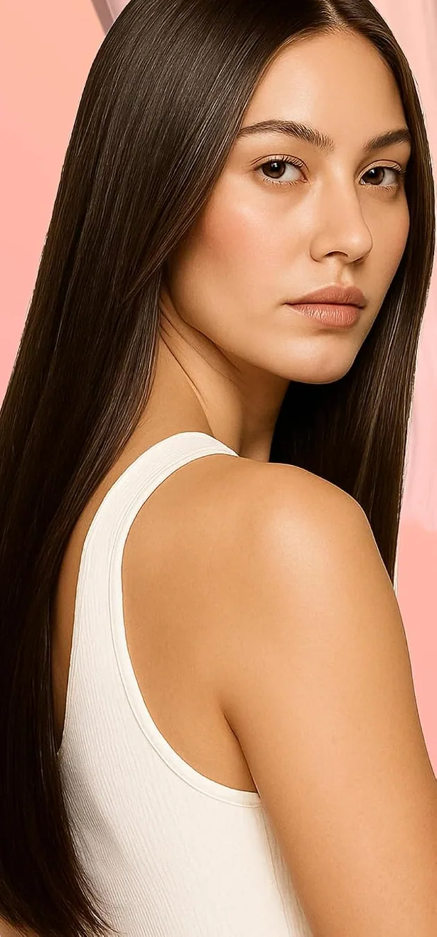 A woman with long straight dark hair looking over her shoulder